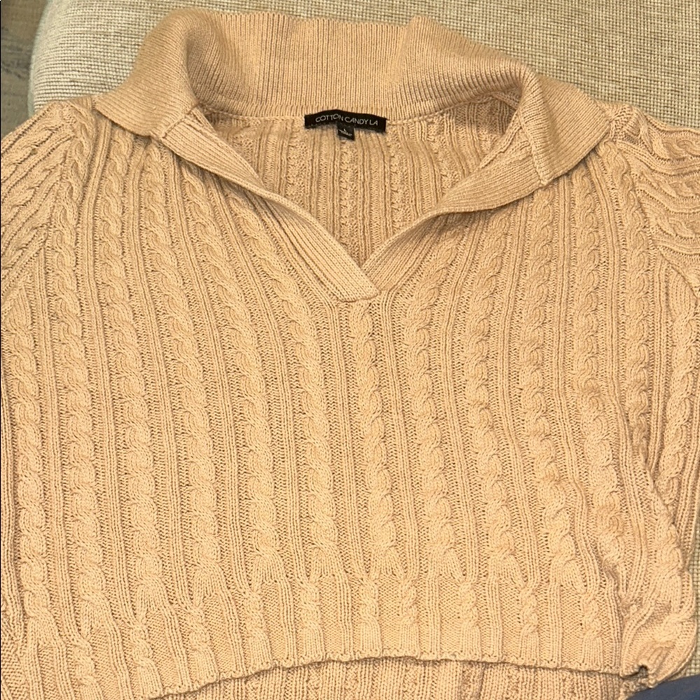 Cotton candy La girls pullover collared crop cable knit sweater